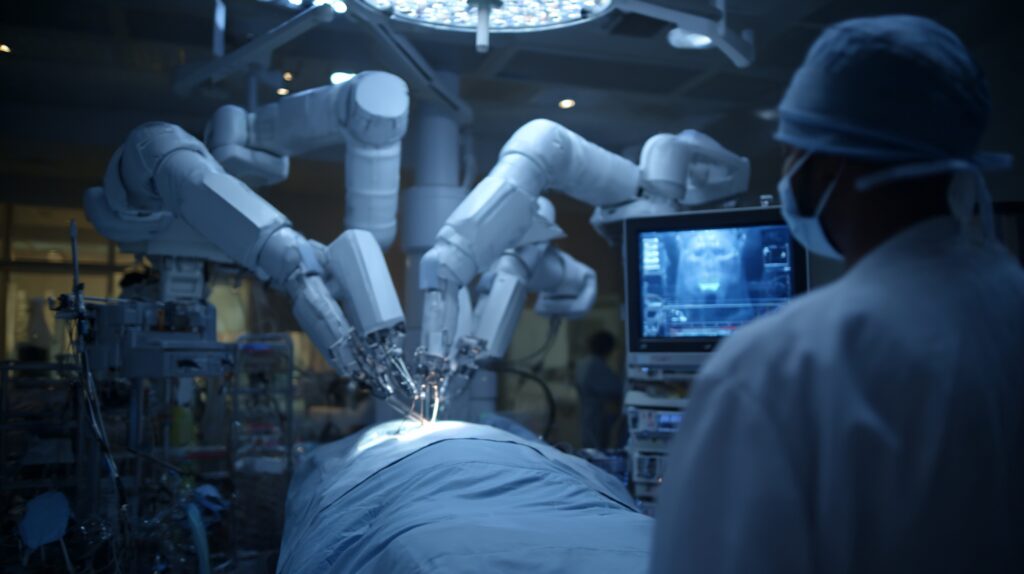 Robotic surgery in a hospital operating room with a doctor in scrubs