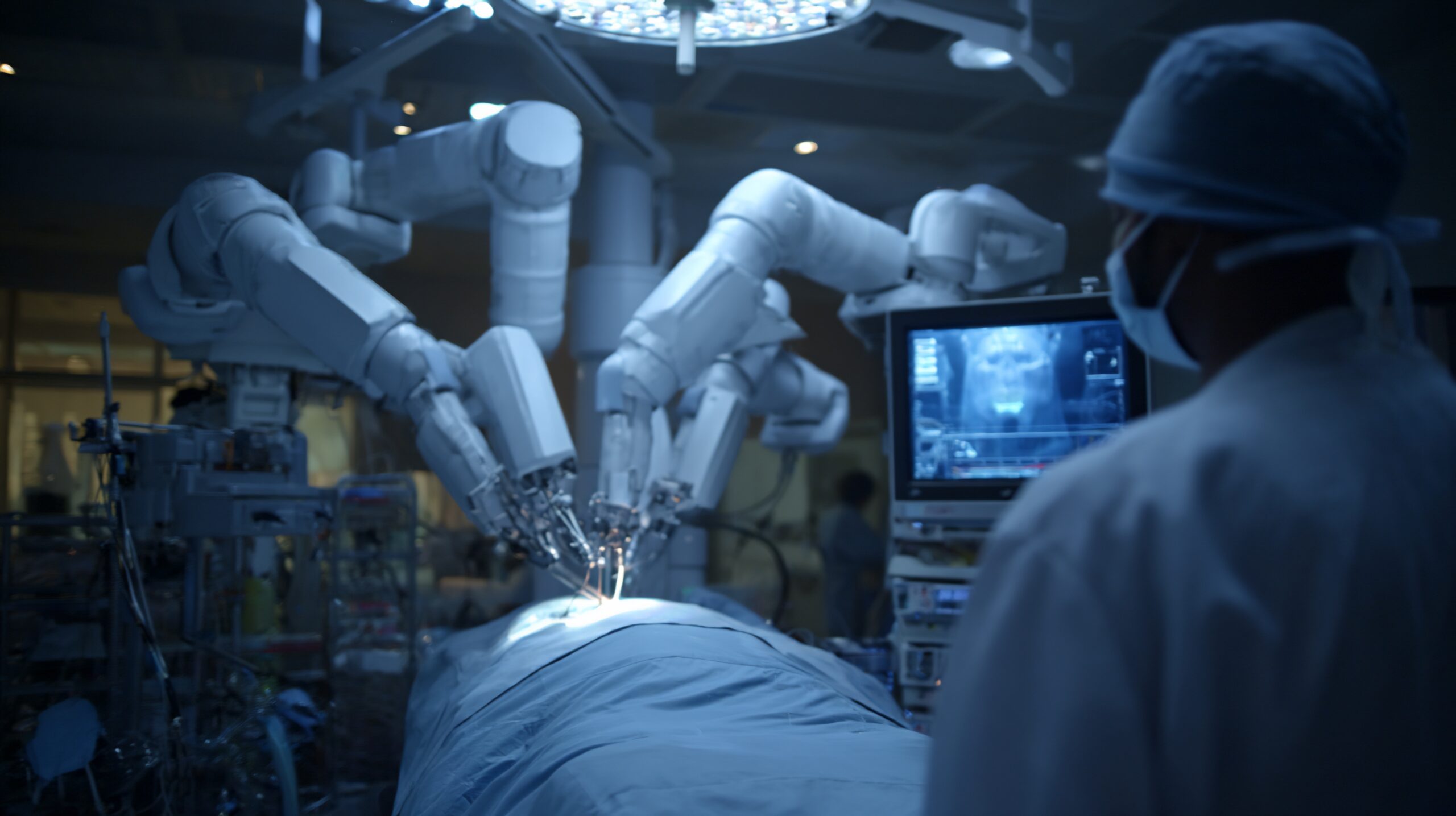 Robotic surgery in a hospital operating room with a doctor in scrubs